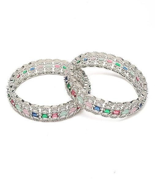 Stylish Silver Plated Multi-Color Stone Studded Bangles