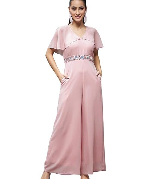 Women's Georgette V-Neck Cape Solid Layered Regular Jumpsuit