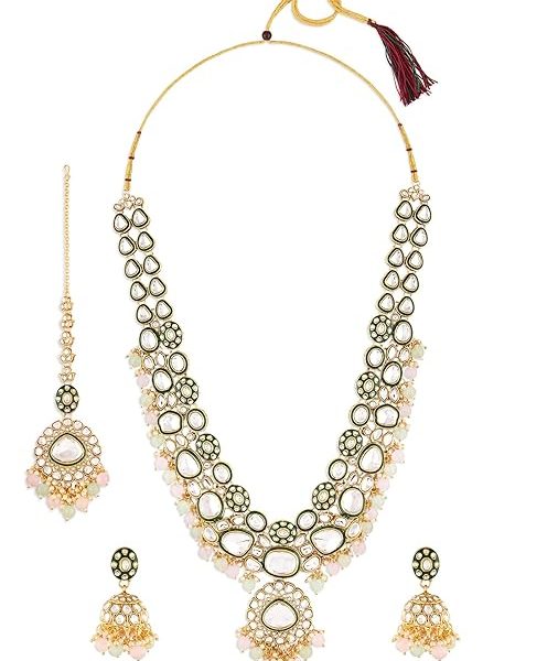 Pink Green Beads Dazzling Stones Meenakari Bridal Long Necklace Earring & Maangtikka Set