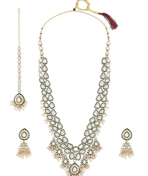 Green Meenakari Kundan Bridal Long Dazzling Necklace Earring Maangtikka Set