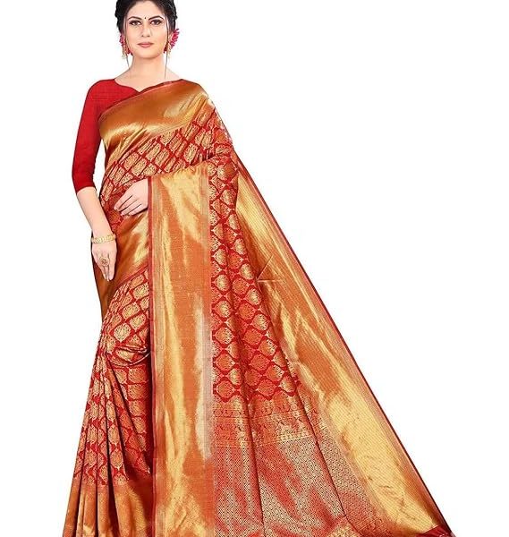 Women's Trendy Banarasi Kanjivaram Orange Color Art Silk Saree with Blouse Material