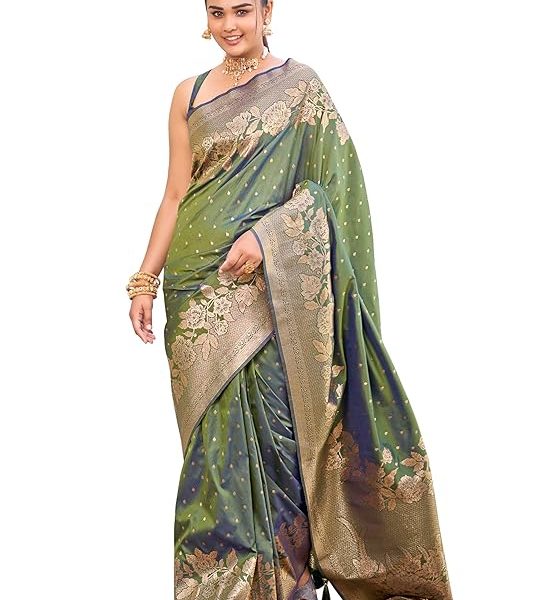 Women's Trendy Banarasi Woven Saree with Heavy Jacquard Work, Elegant Design, Silk Saree with Maching Lace Border Unstitched Blouse Piece for Weddings & Festive Occasions