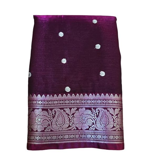 Women's Banarasi Kanjivaram Satin Silk Saree Featuring Embroidered Patterns and Zari Detailing Preimum Thread Work 6.3 Meter Saree Polka Dot Banarasi Tissue