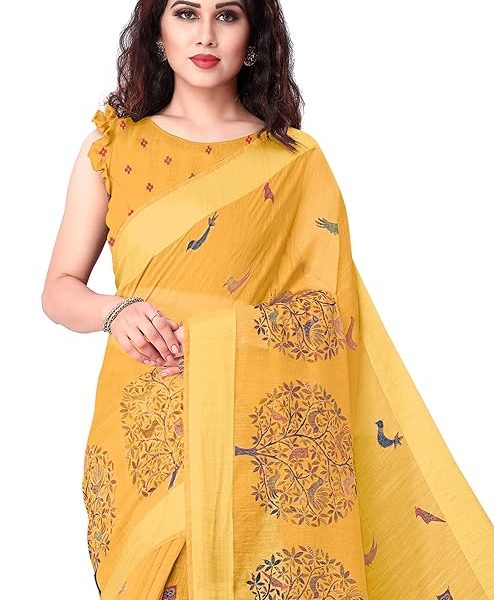 Women's Cotton Blend Saree With Unstitched Blouse Piece