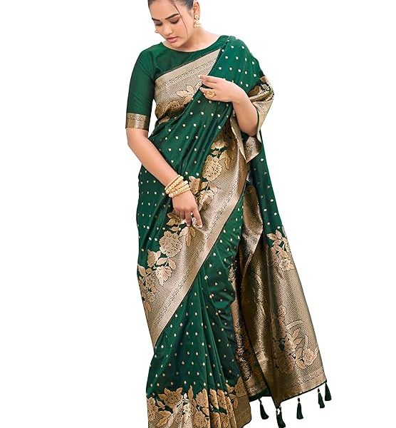 Women's Trendy Banarasi Woven Saree with Heavy Jacquard Work, Elegant Design, Silk Saree with Maching Lace Border Unstitched Blouse Piece for Weddings & Festive Occasions