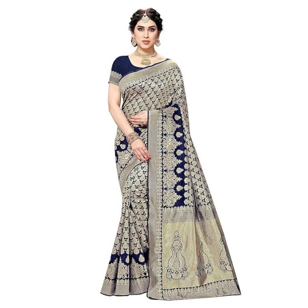 Women's Trendy Banarasi Kanjivaram Indigo Color Art Silk Saree with Blouse Material