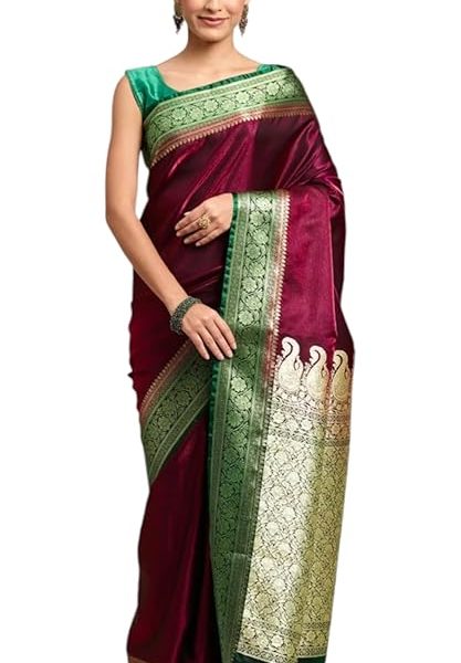 Women's Banarasi Kanjivaram Satin Silk Saree Featuring Embroidered Patterns and Zari Detailing Preimum Thread Work 6.3 Meter Saree Polka Dot Banarasi Tissue