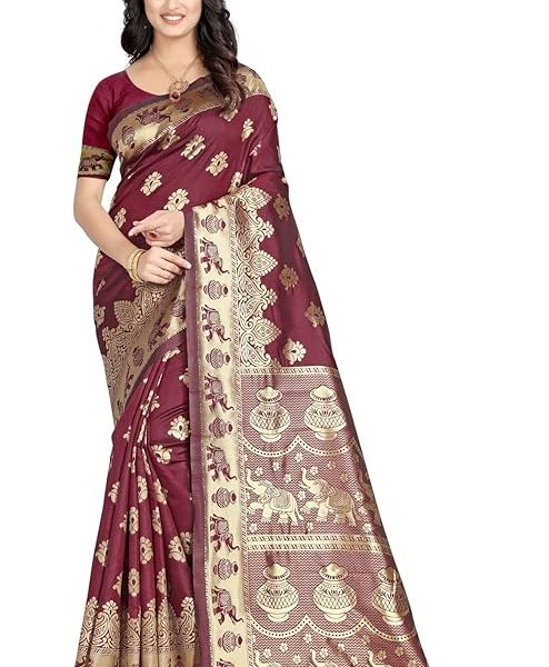 Women's Pure Soft Kanjivaram Silk Saree Banarasi Design Style With Blouse Piece for Wedding