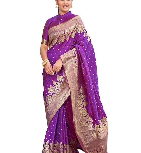 Women's Trendy Banarasi Woven Saree with Heavy Jacquard Work, Elegant Design, Silk Saree with Maching Lace Border Unstitched Blouse Piece for Weddings & Festive Occasions