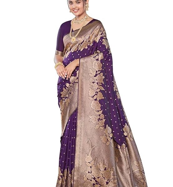 Women's Trendy Banarasi Woven Saree with Heavy Jacquard Work, Elegant Design, Silk Saree with Maching Lace Border Unstitched Blouse Piece for Weddings & Festive Occasions