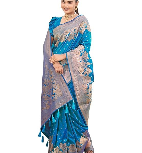 Women's Trendy Banarasi Woven Saree with Heavy Jacquard Work, Elegant Design, Silk Saree with Maching Lace Border Unstitched Blouse Piece for Weddings & Festive Occasions
