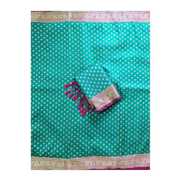 Women's Banarasi Kanjivaram Satin Silk Saree Featuring Embroidered Patterns and Zari Detailing Preimum Thread Work 6.3 Meter Saree Polka Dot Banarasi Tissue